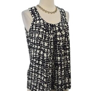 Kate Spade Top Blouse Womens Small Black Ivory Abstract Grid Pleated Scoop Neck